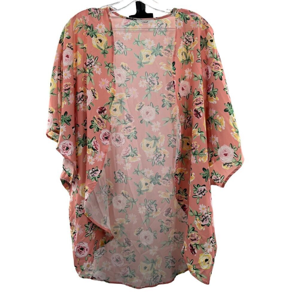 Plush Boutique Women's 3/4 Sleeve Open Front Kimono Cardigan Pink Floral XS